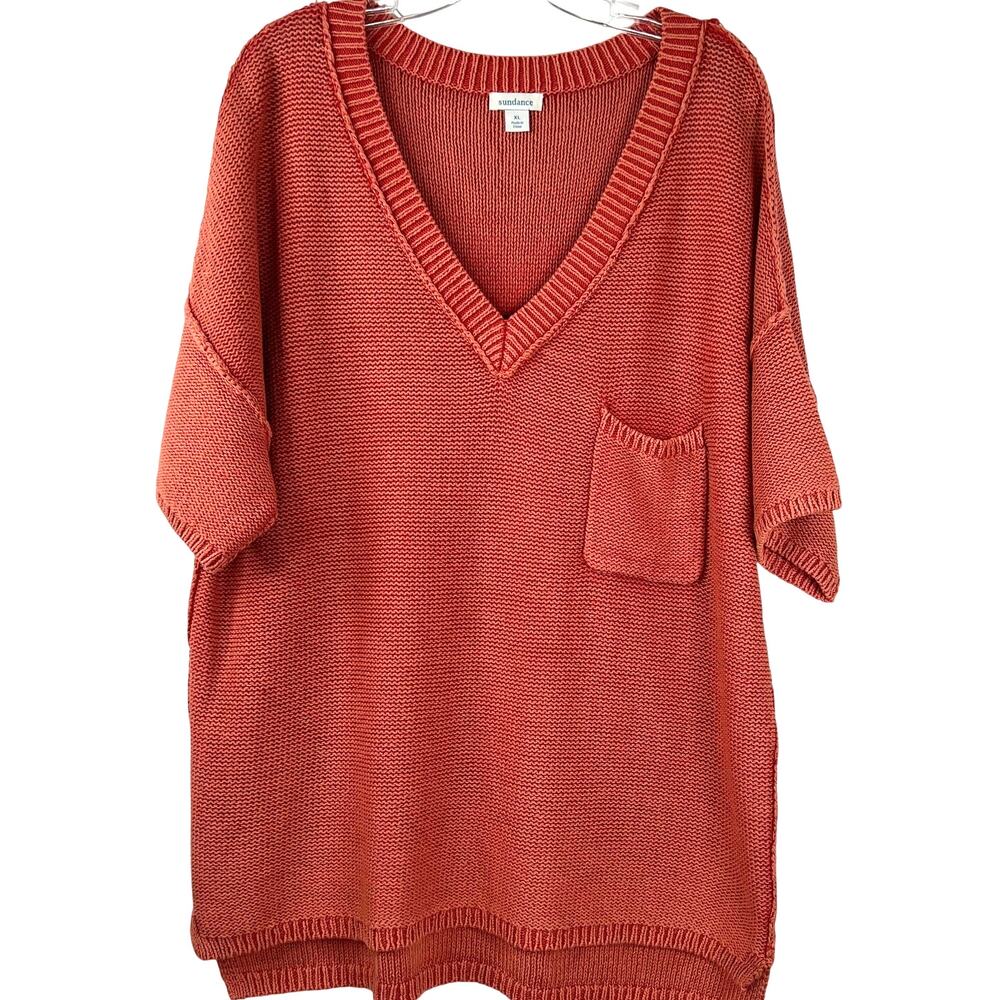 Sundance Rust V-Neck Oversized Knit Sweater with Pocket